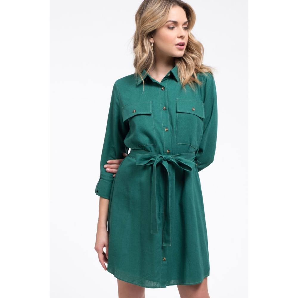 Button Down Green Dress With Belt, Cuffed Sleeves - Picture 7 of 8